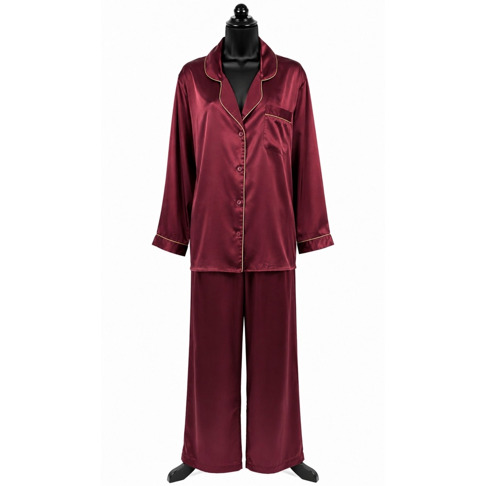 Morgan Taylor Womens Long Sleeve Pajama‎ Top Pant Set Size Large Burgundy Satin